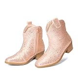 DREAM PAIRS Botas vaqueras de tacón bajo con diamantes de imitación para niñas, Champán, 10 Toddler