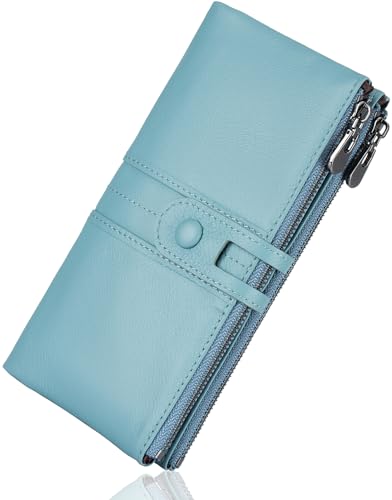 Roulens Women's Large Vintage Leather Wallet for Women - Purse Women's Leather - Women's Wallet with RFID Protection - Women's Purse with 13 Card Slots with Mobile Phone Compartment, sky blue, L,