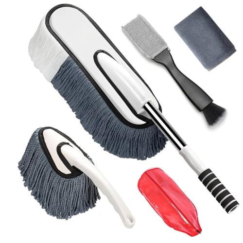 4Pcs Car Duster Set Extendable Long Handle Brush Double-Head Interior Dust Brush Microfiber Cleaning Cloth Vehicle Detailing Tool Cleaning Kit for Car Windows Screen Air Vents Dashboard Screen