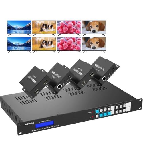 Image of MT-VIKI 4K HDMI Matrix Extender 4x4 4K60Hz 4:4:4 Over CAT6 /7 /8 Cable, Matrix Extender with 4 POC Receivers + 4 Loop Out, Web GUI, RS232, Up to 230FT (70m) for Conference Room, Home Theater, AV System