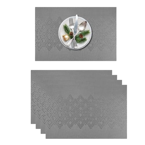 Image of Rectangular Heat Resistant Non-Slip Weave Placemat for Dining Table, Cleanable PVC Woven Dinner Mats | Low-Maintenance| Perfect for Home, Kitchen, Restaurant, Office (Ash Grey, Set of 4)