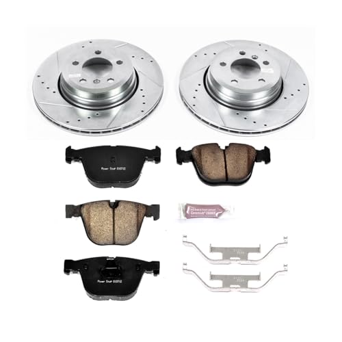 Image of PowerStop Rear Brake Kit for BMW 750i 2006-08 |750Li 2006-08 |760i 2005-06 |760Li 2005-08 - Drilled and Slotted Disc Rotors with Carbon-Fiber Ceramic Brake Pads Replacement, K5283