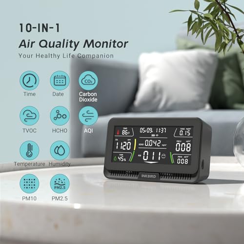 Image of INKBIRD Air Quality Monitor Indoor Co2 Detector Portable 10-in-1 Co2, HCHO, AQI, PM2.5 PM10, TVOC, Temperature, Humidity, Time, Date, for Home Office School, Data Storage, WiFi App Notification