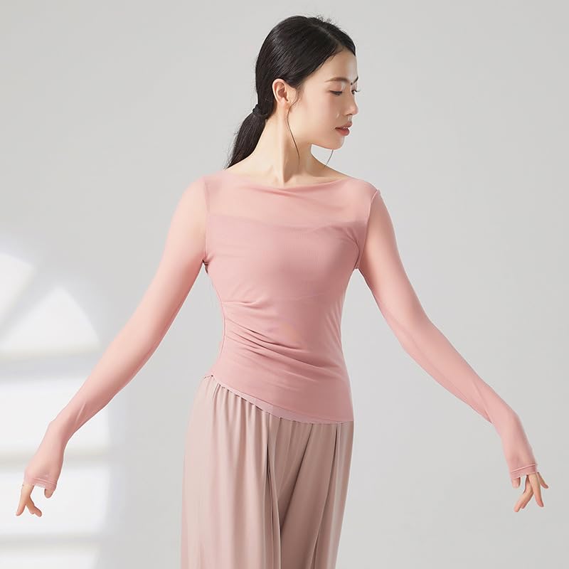 HEARTTOUCH Women Ballet Wrap Top Long Sleeve Dance Yoga Shirts Workout T Shirt Slim Fit Gym Tops Sport Pullover Shirts (Pink,X-Large)