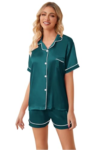 Umeyda Women's Satin Pajamas Set Short Sleeve Button Down Silk Sleepwear 2 Piece Lounge Sets, Malachite Green, Large