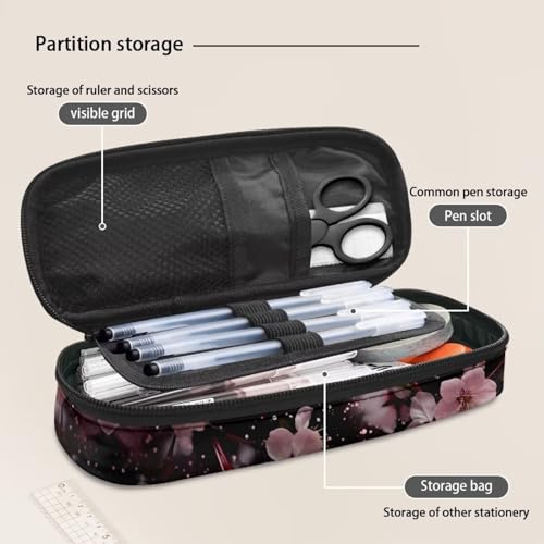 Image of 8.8 inch x 4.1 inch x 1.7 inch Pencil Box, Pink Cherry Blossom Pencil Case Pouch Pen Storage Bag Pencil Organizer for Stationery Fountain Pens
