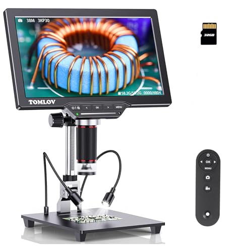 TOMLOV DM202 3K Digital Microscope: 10.1" HDMI LCD Microscope, 38MP Coin Microscopes Magnifier Camera with Screen for Entire Coins, Micro Soldering Microscopes, TV/PC Compatible, DIY Grid Li