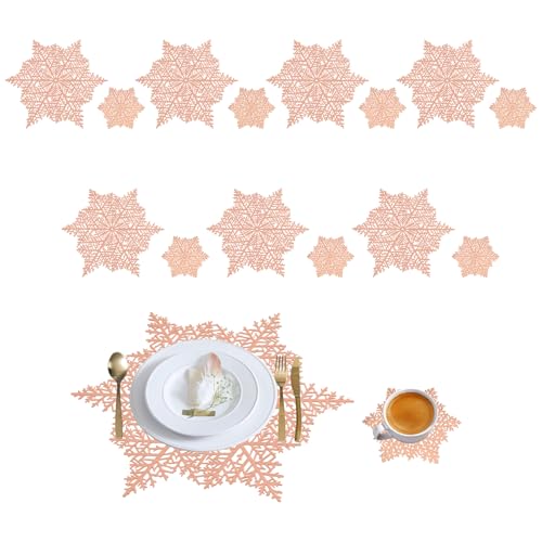 AYSYR Christmas Placemats and Coaster Sets - 7 Pcs Gold Placemats and 7 Pcs Matching Coaster Reusable Place Mats for Table Washable Christmas Table Mats Decoration for Restaurant Party (Rose Gold)