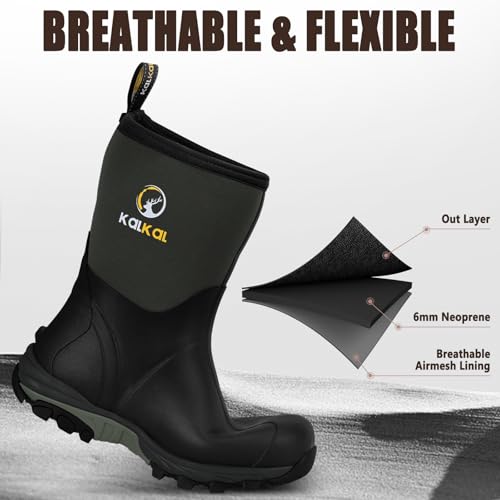 Image of Kalkal Rubber Boots for Men, Waterproof Mid Calf Mens Rain Boots, 6mm Neoprene Insulated Mens Rubber Work Boots for Hunting Gardening Farming Fishing Mud Working, Size 7-14