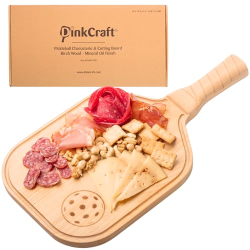 DinkCraft Pickleball Charcuterie & Cutting Board, Pickleball Gift, Partner Size - 17 x 8.5 x 0.75”, Birch Wood, Paddle Shape with Handle, Mineral Oil Finish
