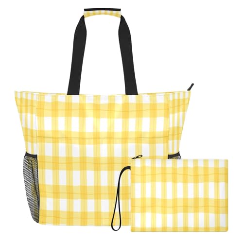 Sac de plage extra large imperméable à carreaux jaunes et blancs avec compartiment humide