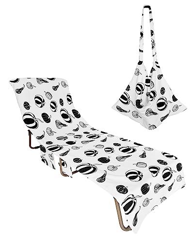 Minimalist Pumpkin, Beach Lounge Chair Towel Cover, Soft Chaise Lounge Towel with Side Pockets Patio Pool Chairs Cover for Beach/Pool Sunbathing 29x85 Geometric White Black Fall Thanksgiving