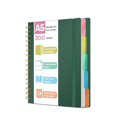 ihaspoko A5 Notizbuch mit Register - 100g/m² nicht durchscheinendes Papier, 300 Seiten, PVC Hardcover, Spiralbindung für Schule, Büro & Geschenke (Dunkelgrün)