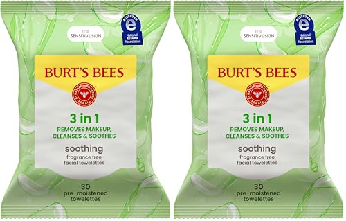 Burt's Bees, Aloe Vera Face Wipes, for Sensitive Skin, Soothing Makeup Remover & Facial Cleansing Towelettes, 30 Count (2 Pack)
