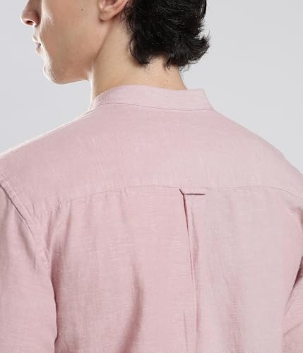 Image of TURMS Men's Casual Solid Linen Shirt | Water Repellent | Anti Stain Anti Odor | Kansas Linen | Mandarin Collar | Full Sleeves