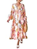 Sissyaki Women's Long Sleeve Boho Floral Maxi Dress Smocked Beach Flowy Dress Pink-Watercolour L