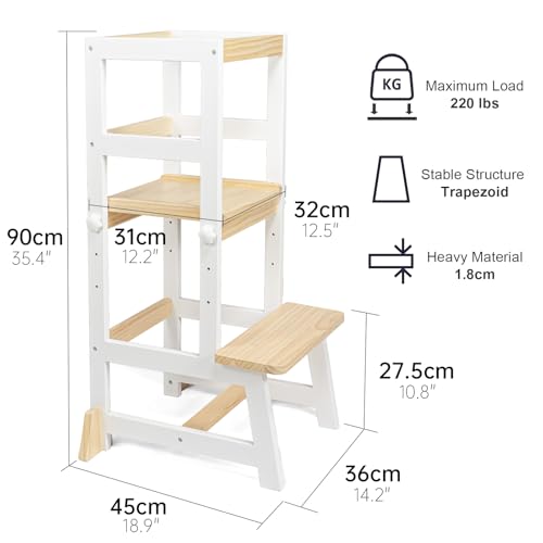 Image of Kitchen Step Stool for Toddlers with Non-Slip Mat, WOOD CITY Wooden Kids Montessori Learning Stool Tower, Toddler Standing Tower Helper for Kitchen Counter and Bathroom Sink(White-Natural-Adjustable)