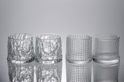 Airsien Set di 4 bicchieri di cristallo da whisky premium, 150ml, per cognac, bourbon, scotch, cocktail, rum, whisky, bar (4, 2 Motivo ondulato+1 motivo a quadri +1 motivo a righe verticali)