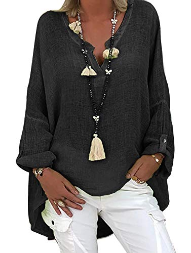 Tincini Leinenbluse Damen Bluse Sommer Tunika V-Ausschnitt Große Größen Blusenshirt Damen Langarmshirt Leinen Baumwolle Hemd Oberteile Druck Shirt...