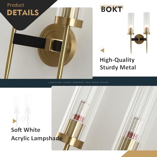 Image of BOKT Mid-Century Modern Indoor Crystal Wall Sconce Brushed Brass Gold 2-Lights Wall Sconce Lighting Clear Cylinder Glass Round Wall Sconce Long Bedroom Bedside Wall Light Lamp