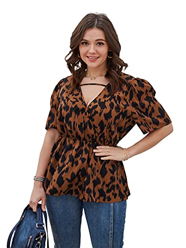 Shein Women's Plus Keyhole Wrap Ruffle Peplum Top Blouse Leopard Short Sleeve V Neck Shirt Brown X-Large Plus #TOP4
