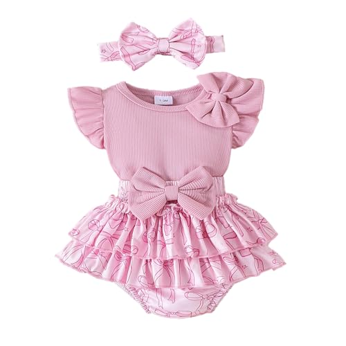Eqenkely Conjunto Vestido para Niñas Recién Nacidas Top de Punto con Volantes de Sin Mangas + Bowknot Faldas + Diadema 3Pcs Elegante Ropa Trajes Blanco 0 3 Meses