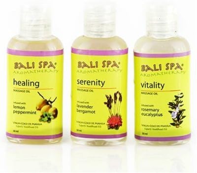 Virgin Coconut Oil Bali Spa Aromatherapy Massage Oils Collection (3 selections): Vitality Blend {Rosemary Eucalyptus} + Sensual Blend {Ylang-Ylang Sandalwood} + Serenity Blend {Lavender Bergamot} - each 1.7 oz (50 ml) x 3 - total 5.1 oz. Direct from Maker - Manila Coco