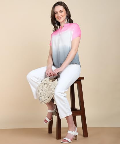 Image of Maaesa Women Handmade Regular Fit Tie-Dye Rayon Top | Casual Wear & Office Wear | Short Sleeve | Mandarin Neck | Lightweight & Breathable Fabric