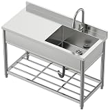 Commercial Sink with Drainboard Stainless Steel Utility Sink with Pull-out Faucet Free Standing Single Bowl Kitchen Sink with Workbench for Restaurant Garage Outoor, 21.7'D x 47.2'W x 37'H, Right Bowl