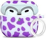 Silicone Cow Airpods 3 Case 2021, YOMPLOW Case Cover for Apple Airpods 3rd Generation Floral Print Soft Flexible Cover for Air Pod 3 Women Girls, Skin with Keychain - Purple Cow
