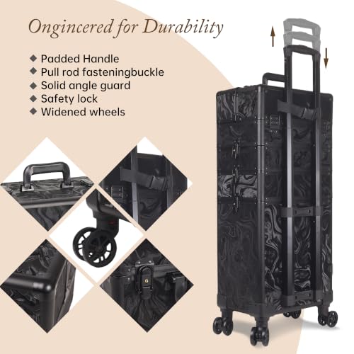 Image of 5 in 1 Rolling Makeup Train Case Professional Cosmetic Trolley Large Storage Organizer on Wheels for Hairstylist Artist Nail Beauty Salon Barber Alipine Black