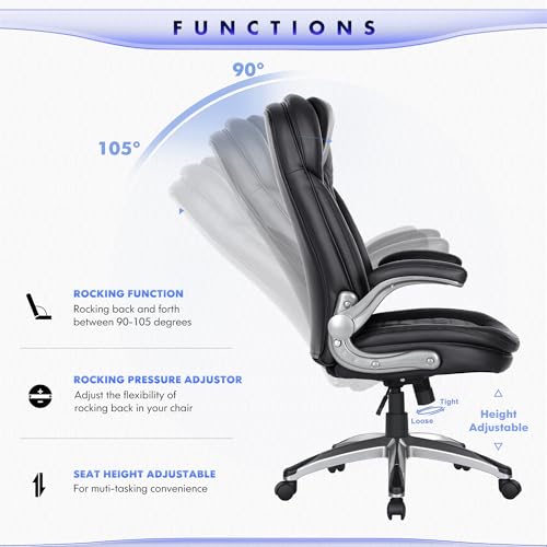 Image of COLAMY Executive Office Chair-Ergonomic Computer Desk Chair, High Back Leather Chair with Padded Flip-up Arms, Swivel Home Office Chair, Black
