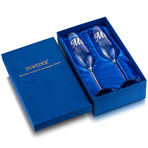 Inweder Wedding Champagne Flutes Champagne Glasses, Classy Mr And Mrs Champagne Glasses Bulk, Crystal Sparkling Wine Flutes, Engraved Glasses For Couples, Gift For Bridal Shower, Anniversary, Silver #TOP7