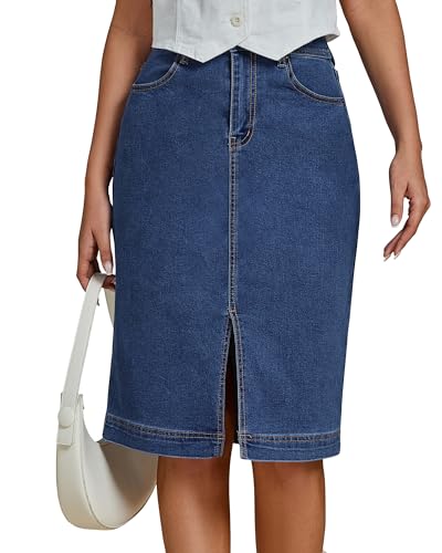 luvamia Women Denim Skirt Stretchy Jean Denim Front Slit Midi Summer Skirts for Women Trendy Classic Blue Size Medium US 8 to 10