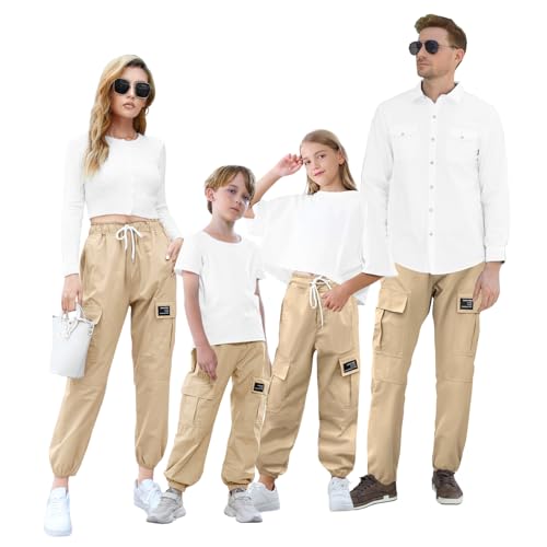 Betusline Family Cargo Pants Elastic Waist Tapered Cargo Joggers with Multi Pockets