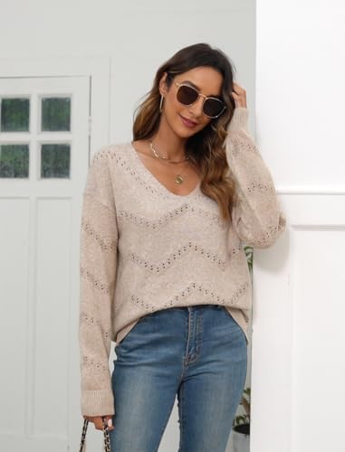 Poetsky Womens Sweaters Casual Long Sleeve Shirts Crochet V Neck Pullover Tops Knit Off Shoulder Sweater Top2