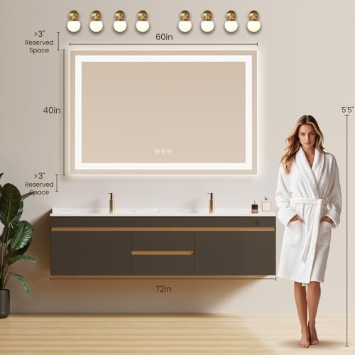 Image of 60x40 LED Bathroom Mirror with Anti-Fog, Backlit & Front Lit, Memory