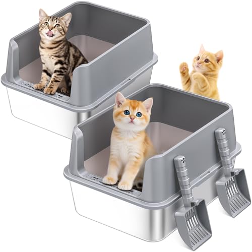 2PACK Stainless Steel Cat Litter Box Metal Kitty Litter Box with High Sides for Small Cats Kittens Open Top Litter Boxes with Anti-Leak Lid Odorless Non-Sticky Easy to Clean Scoop Include M