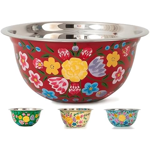 Large Hand Painted Stainless Steel Fruit Bowl - Decorative Floral Salad Mixing and Serving Bowl - Traditional Kashmiri Art for Home Decor (Red) Cover