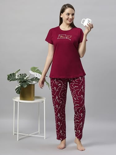 Image of DZZO Women's Cotton Printed Night Suit Set of T-Shirt & Pyjama, Night wear Dress, Relaxed wear for Women /Girls
