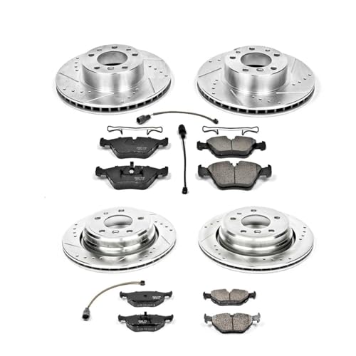 Image of PowerStop Front and Rear Brake Kit for BMW 540i 1994-95 - Drilled and Slotted Disc Rotors with Carbon-Fiber Ceramic Brake Pads Replacement, K382