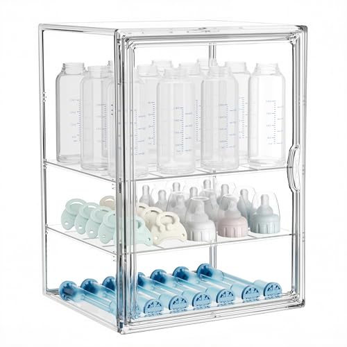 Image of HBlife Baby Bottle Storage Organizer for Countertop Cabinet, 3 Tiers Adjustable Clear Acrylic Bottles Storage Station Case Box Container with 2 Removable Dividers and Magnetic Door, X-Large