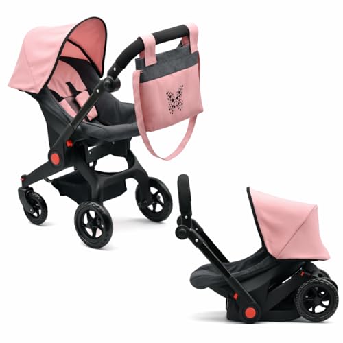 Baby Doll Convertible Travel Stroller for Girls Toddler Play Toy Car Seat Two in One Foldable Carriage for Kids with Diaper Bag Pretend Play Stroller for Doll