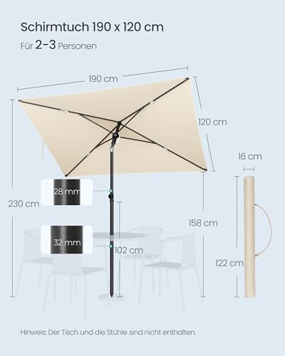 SONGMICS Sonnenschirm Balkon, 190 x 120 cm, Gartenschirm rechteckig, UPF 50+ Sonnenschutz, knickbar, Terrassenschirm, Outdoor Garten Terrasse Strand, Tragetasche, ohne Ständer, beige GPU024LZ01 5