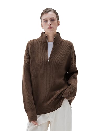 Image of SUUKSESS Women Cashmere Blend Oversized Quarter Zip Pullover Sweater Long Sleeve Collared Ribbed Knit Jumper Tops