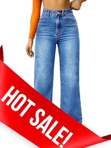 Image of FUNUCA Straight Leg Jeans for Women,High Waisted Wide Leg Loose Microelastic Boyfriend Denim Pants