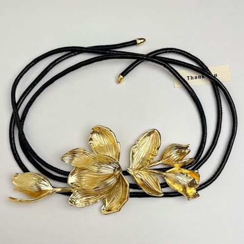 Golden Tulip Flower Belt with Skirt Jeans Decorated with Black Leather Rope Thin Waist Chain Women's Waist Chain Belt4