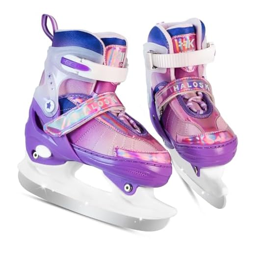 HALOSK Girls Adjustable Ice Skates for Youth Women, Kids Hockey Skates for Outdoor and Rink, Soft and Comfortable Lining Ice Skating Shoes (Rainbow Purple, Small - Litter Kids)
