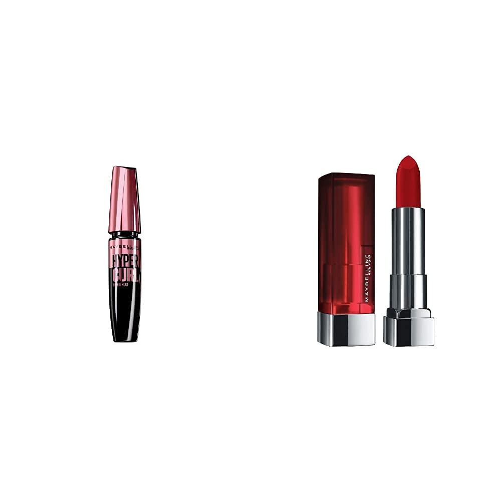 Maybelline New York Hypercurl Mascara Waterproof, Black, 9.2ml & Maybelline New York Color Sensational Creamy Matte Lipstick, 634 Bold Crimson, 3.9g