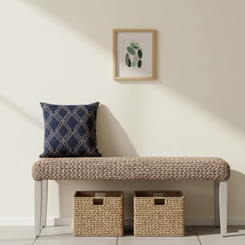 Image of Solid Wood Acacia Indoor Bench with Natural Woven Water Hyacinth Seat, Wood Bench for Living Room or Entryway, Vintage Bench, Fishbone Style, Grey Leg